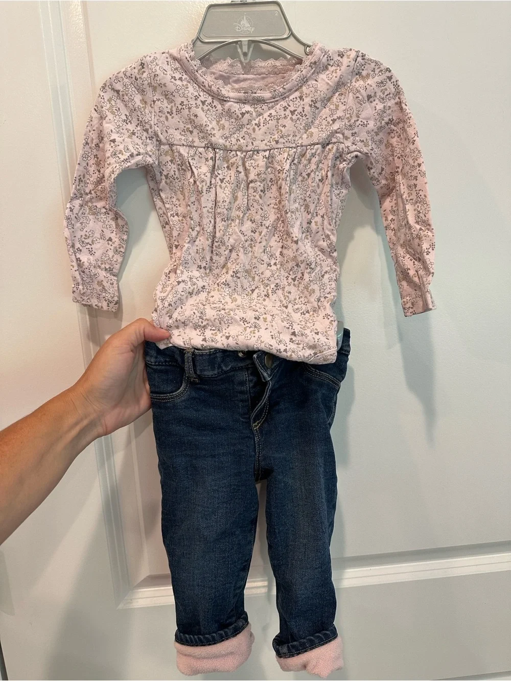 12-18 months Fleece Lined Jean and Long-Sleeve Pink Floral Top